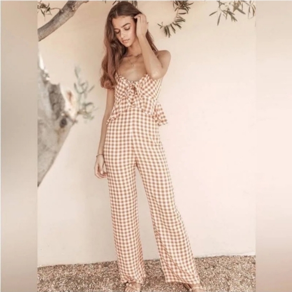 Saylor Women's Laken Gingham Peplum Jumpsuit in Apricot Brown/White sz LG - Picture 1 of 8